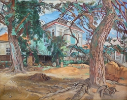 山崎修二「校舎と松の木」（1947年） 浜田高等学校蔵
